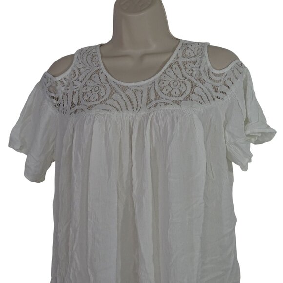 a.n.a. A New Day White Cold Shoulder Lace Yoke Top Women Size M Semi-sheer - Picture 2 of 8